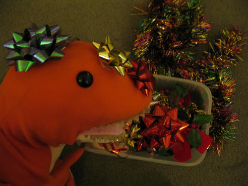 Dino with his box of Christmas bows