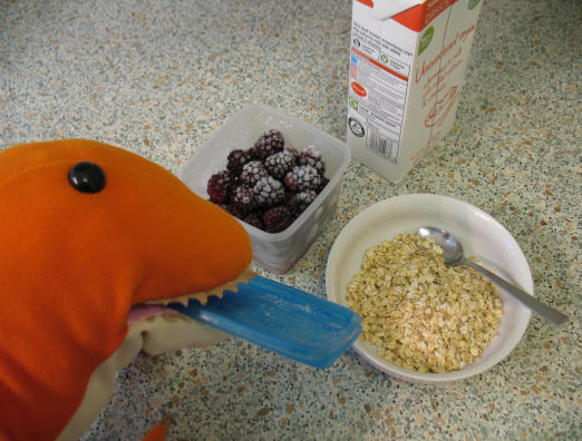 Dino making porridge with frozen blackberries