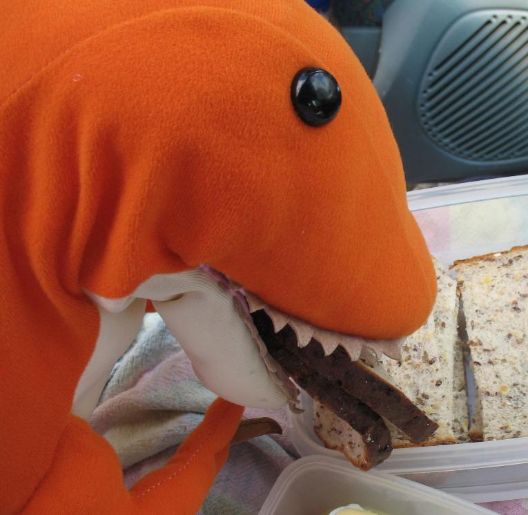 Dino eating Linseed Bread