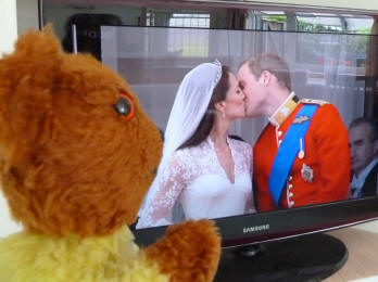 Yellow Teddy watching the Royal Couple on the balcony of Buckingham Palace