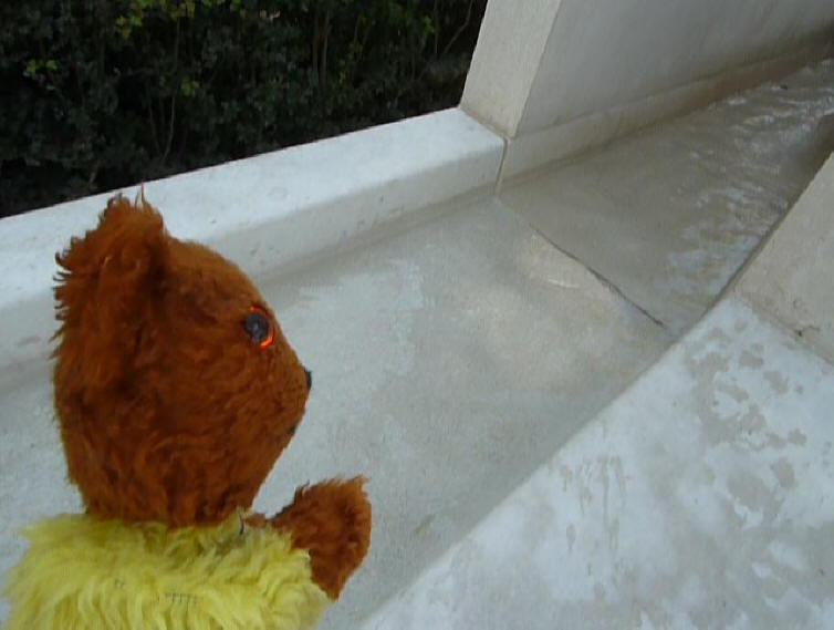 Greenwich Park - Yellow Teddy by water feature outside National Maritime Museum