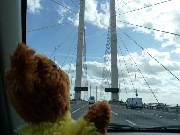 Yellow Teddy going over the QE2 Bridge at Dartford Crossing
