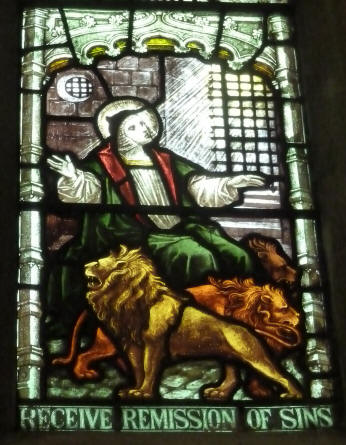 Daniel in Lions Den - stained glass, Christ Church, Chislehurst, Kent