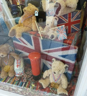 Shop window of teddies and Union Jacks