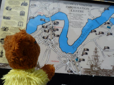 Yellow Teddy with noticeboard map of Rochester