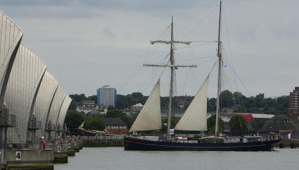 Tall ship going through Thames Barrier